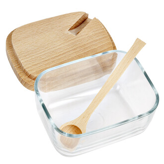 Zuckerdose aus Glas mit Holzdeckel Zuckerdose aus Glas mit Holzdeckel